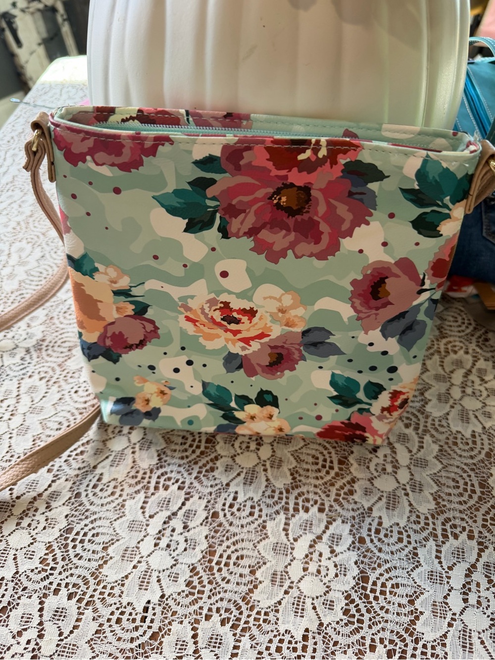 Floral Crossbody Bag in Mint with Pink Accents